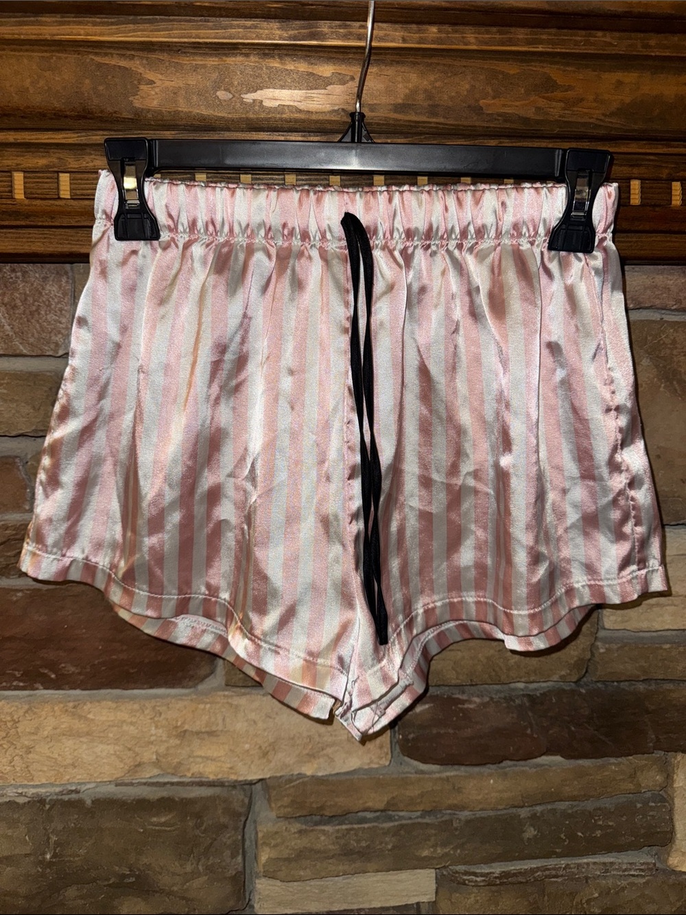 SHEIN Pink and White Striped Satin Pajama Shorts